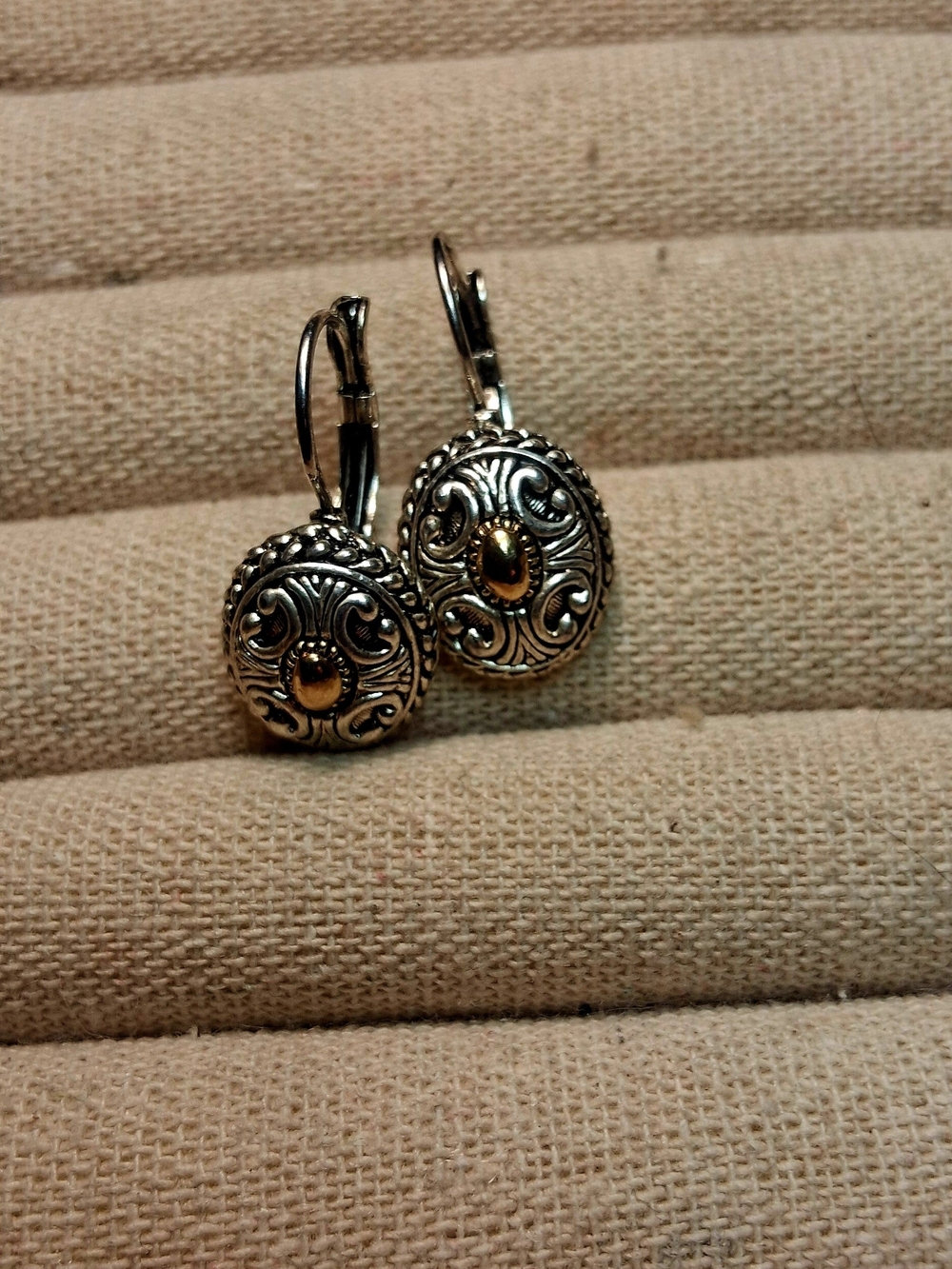 Ornate Two-Tone Round Drop Earrings - Silver and Gold